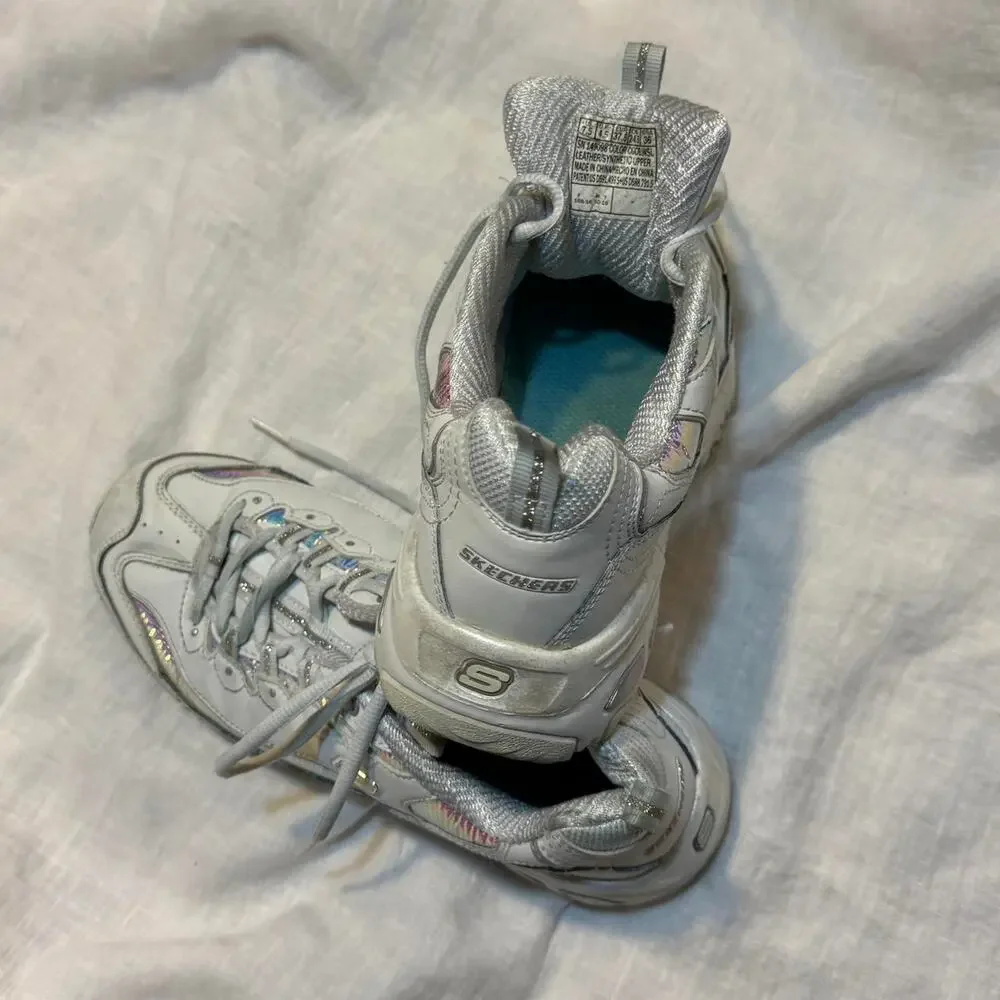 Skechers D'Lites white & silver Leather trainers iridescent, sparkly size 7.5
